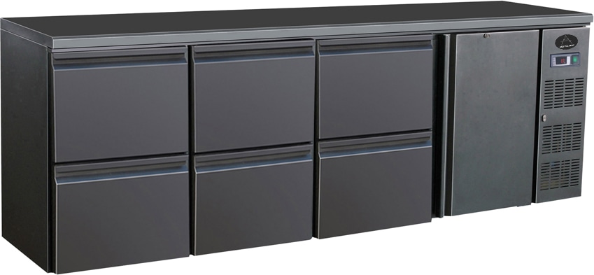 Gastro Barkühler Bar-Kühlschrank schwarz 1 Tür 6 Schubladen 698 l, 2542x513x860 mm 0-10°C