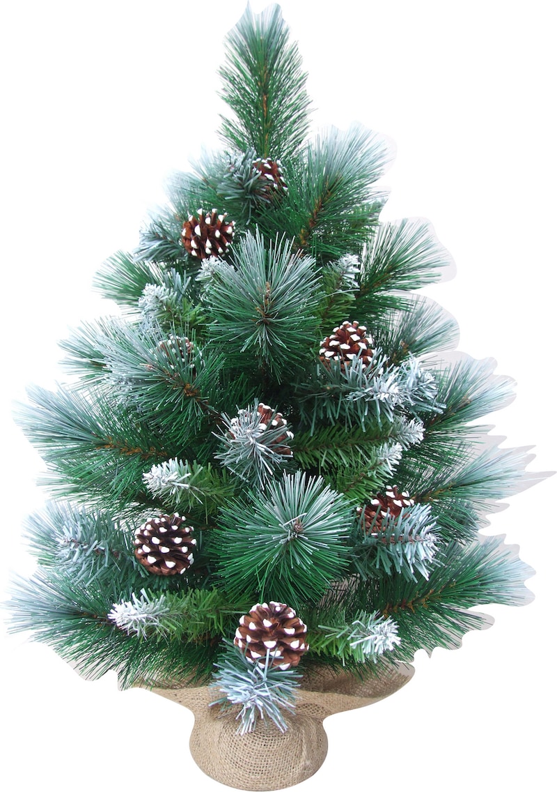 Un piccolo albero di Natale artificiale con pigne.