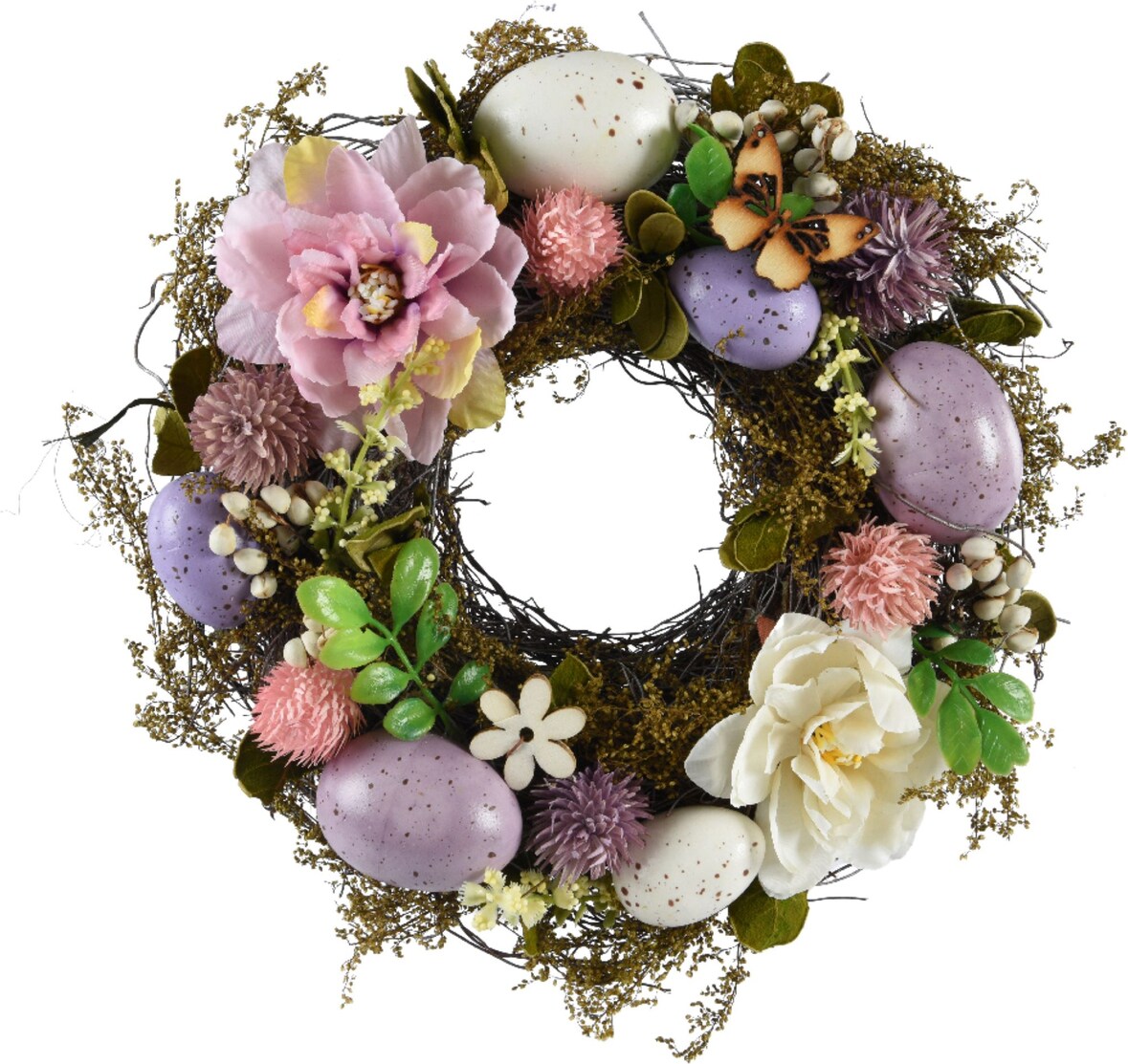 Osterkranz mit Dekoeiern & Blumen 23cm Kunststoff Deko Kranz Frühling Ostern Dekokranz Türkranz Wandkranz Frühlingsdeko Osterdeko Grün Rosa Weiß