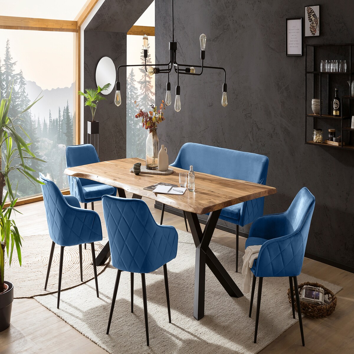 SalesFever 6-tlg. Akazie-Essgruppe 200x100 cm | Platte 35 mm Akazie | Metallgestelle | 4 Stühle & 1 Bank in Samt-Optik | natur – schwarz – blau