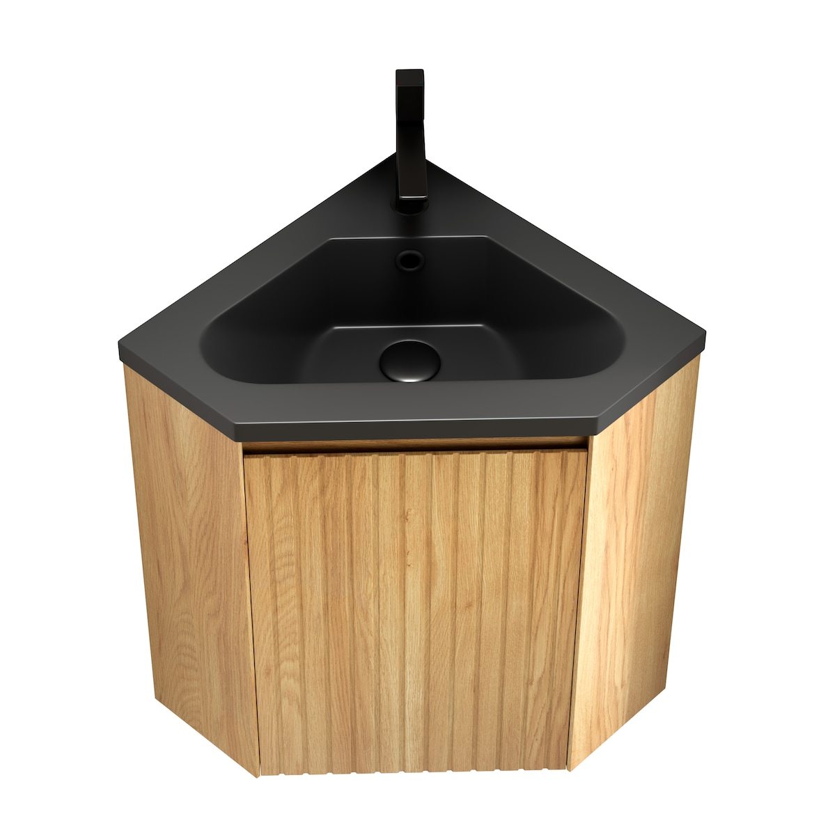Wandhalterung Badezimmer-Waschtisch 52×38×38 cm dreieckig mit mattschwarzem Harzbecken und Holzschrank Natur