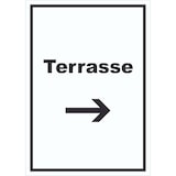 thumbnail of Terrasse Schild mit Text und Richtungspfeil rechts hochkant A0 Rückseite selbstklebend