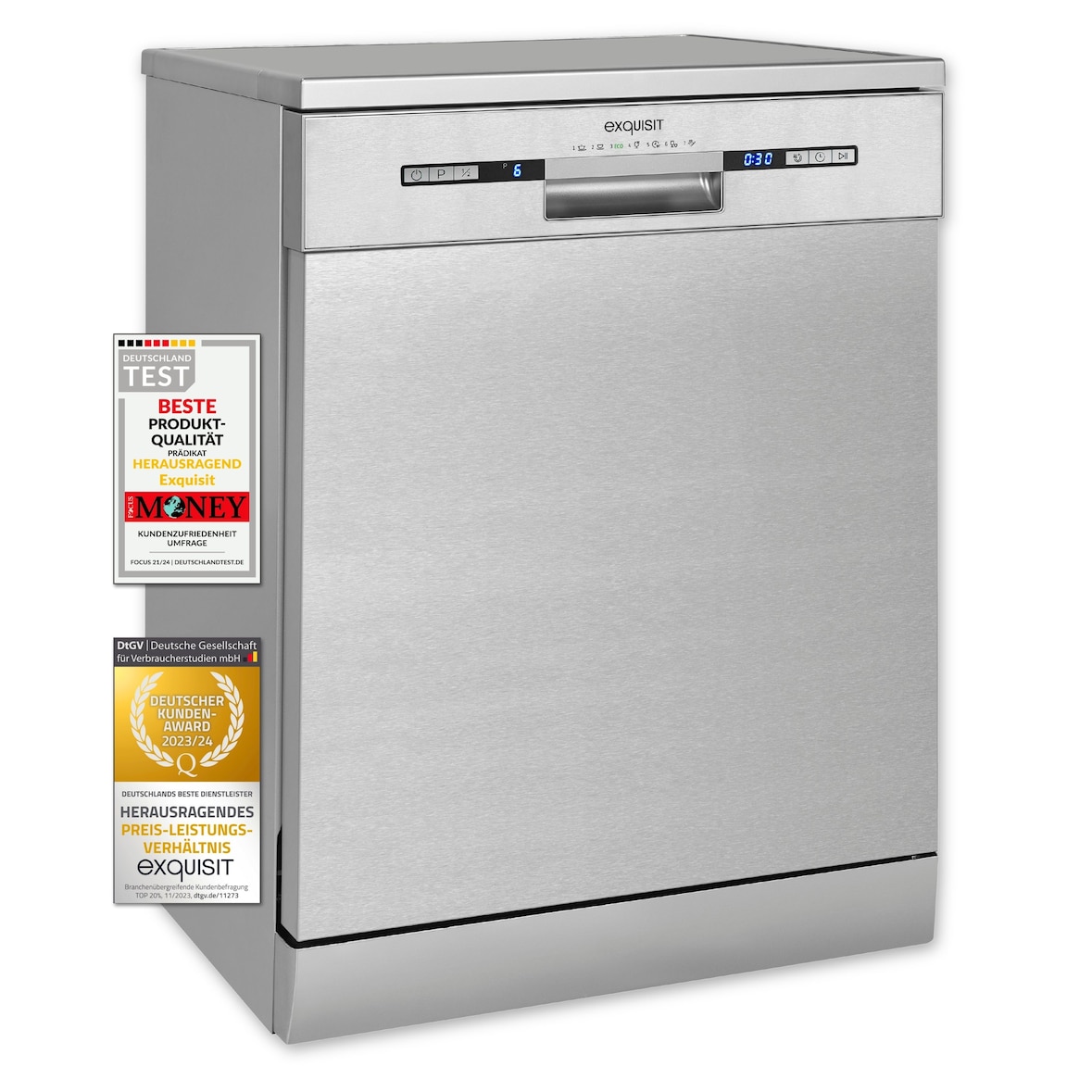 Exquisit Geschirrspüler GSP9614-030B inox | Spülmaschine 60 cm | Aquastop | Maßgedecke: 14 | Auto Türöffner | Restlaufzeiten Anzeige