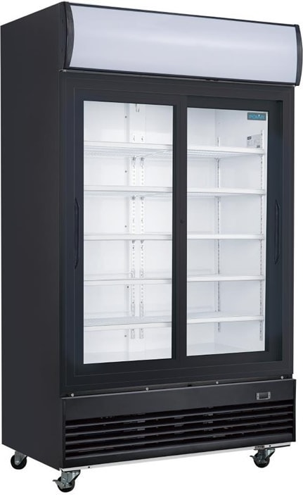 Frigorífico expositor de bebidas com painel iluminado, preto, 2 portas de vidro deslizantes, com fecho, 950L Polar GM814
