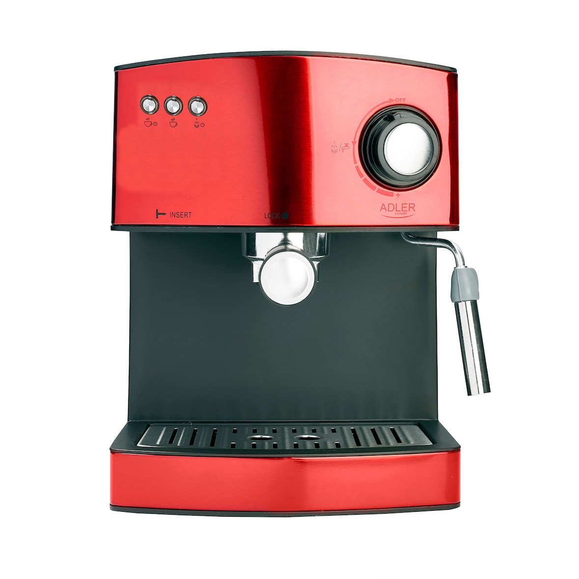 Adler AD 4404R Cafetera Espresso Manual 15 bares 1,6 L, Brazo Doble Salida, Espumador Leche, Calientatazas, 850W, Vermelho