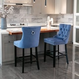 thumbnail of Barhocker Set 2 Samt Blau 103x50x60 cm mit Knopfheftung Ziernägeln Massivholzbeinen höhenverstellbaren Fußgleitern und hohem Rücken