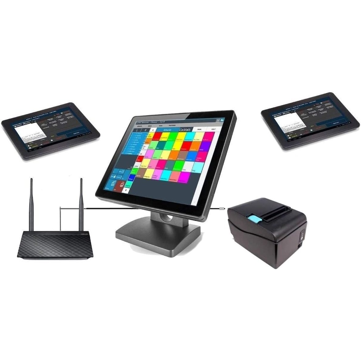15" GASTRO Kassensystem mit 2x 7" Bestellterminal, Bondrucker, Hauptkasse für Restaurant, Cafe, Biergarten