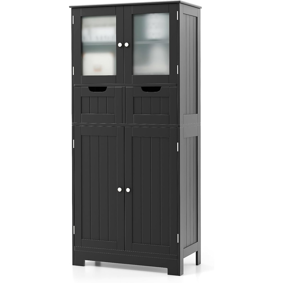 COSTWAY Badkamermeubel met 2 laden en 4 deuren, badkamermeubel met verstelbare planken (zwart)