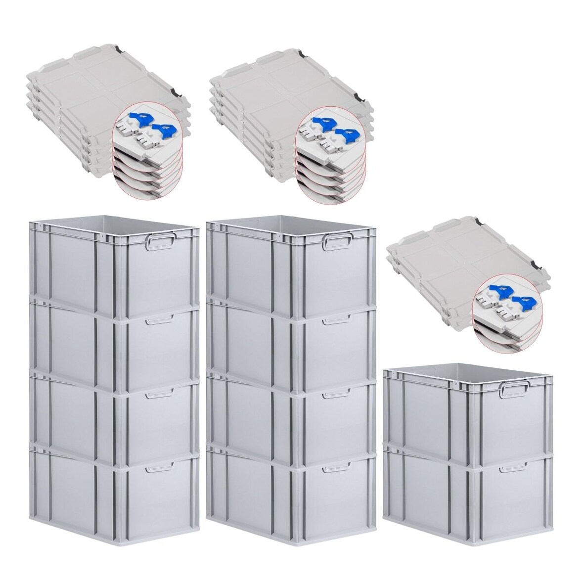 PROREGAL 10x Eurobox NextGen Grip mit Scharnierdeckel & blauen Verschlüssen | HxBxT 32x40x60cm | 65 Liter | Griffe geschlossen | Verstärkter Boden