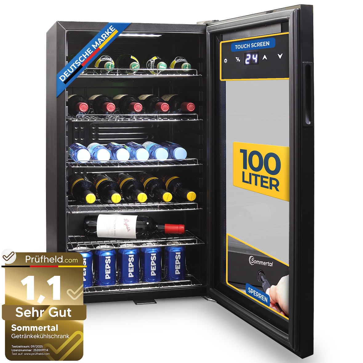 Sommertal Kühlschrank GK 100– Leiser Getränkekühlschrank mit LED, Touchscreen & Schloss kleiner Flaschenkühlschrank schwarz 100L