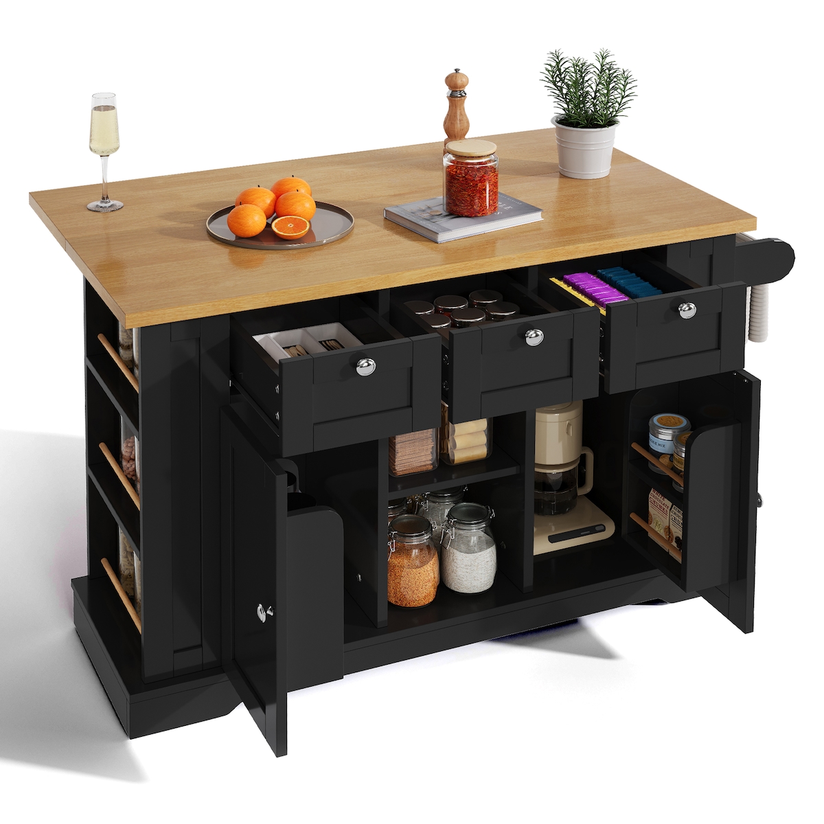 OKWISH Mobiler Küchentisch 132x70x87 cm Landhausstil Schwarz + Natur, ausziehbare Arbeitsplatte, Stauraum, Steckdose, USB, Handtuchhalter, Rollen