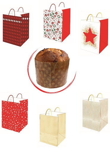 Gifty king, sacchetti regalo di natale per panettone (non incluso), in carta, 24x24x35,confezioni da 12 pezzi, 6 modelli assortiti, multicolore