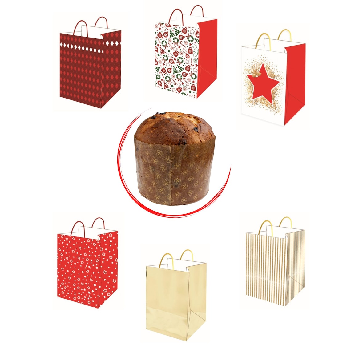 Gifty king, sacchetti regalo di natale per panettone (non incluso), in carta, 24x24x35,confezioni da 12 pezzi, 6 modelli assortiti, multicolore