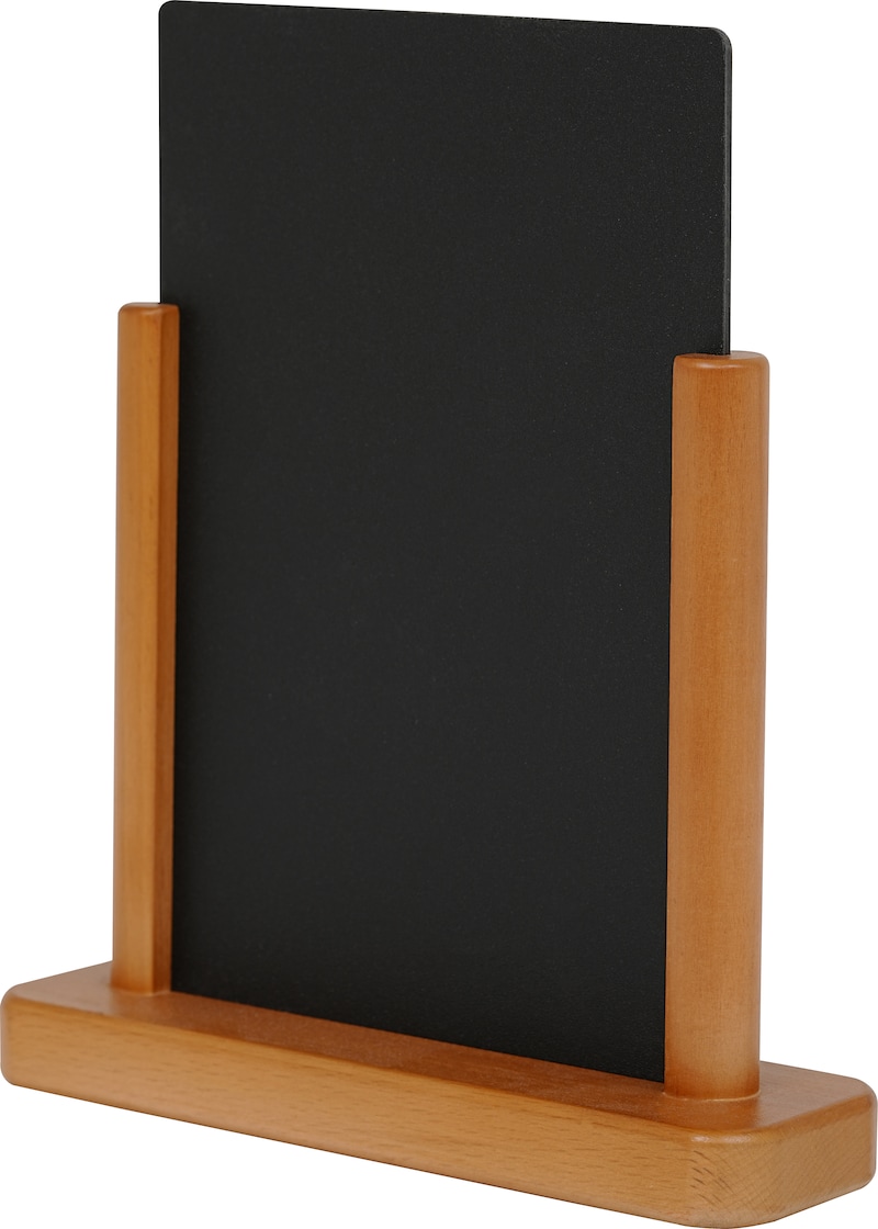 Ein schwarzes Schild auf einem Holzständer.