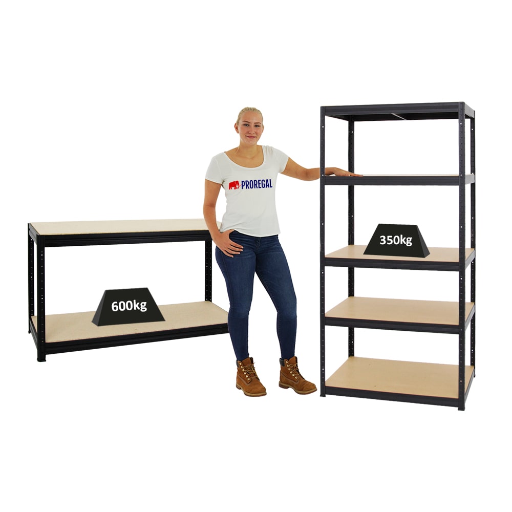 PROREGAL Mega Deal | 1x Schwerlastregal Slim Elephant M & 1x Höhenverstellbare Werkbank Big Dino | Fachlast bis zu 600kg | Schwarz | Stecksystem