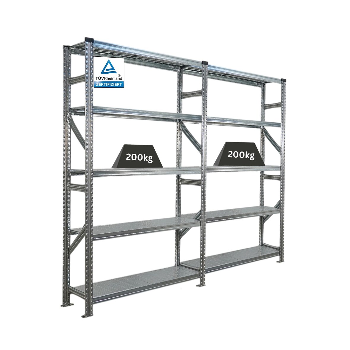 PROREGAL Fachbodenregal PROXIMO Stecksystem | Komplettregal | HxBxT 200x240x32cm | 5 Ebenen | Fachlast 200 kg | Beidseitig nutzbar | Verzinkt