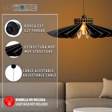 Eine schwarze Pendelleuchte aus Holzwerkstoff.