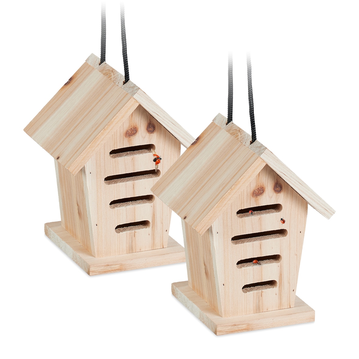 Relaxdays Marienkäferhaus 2x, Marienkäferhotel Garten, zum Aufhängen, Holz unbehandelt, Insektenhotel Marienkäfer, natur