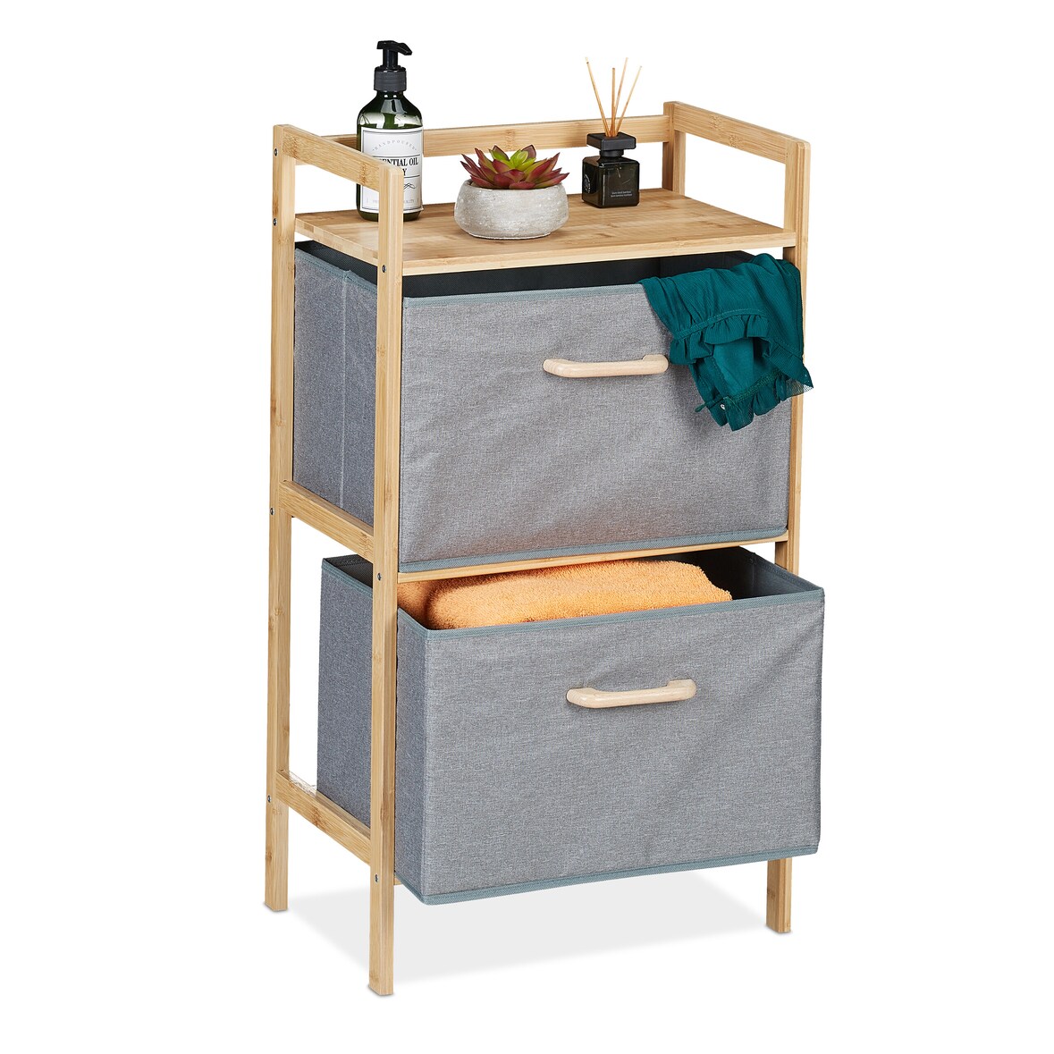 Relaxdays Badregal mit Wäschekörben, 1 offene Ablage & 2 Stoffkörbe, HBT: 76 x 43 x 27 cm, Standregal Bambus, natur/grau