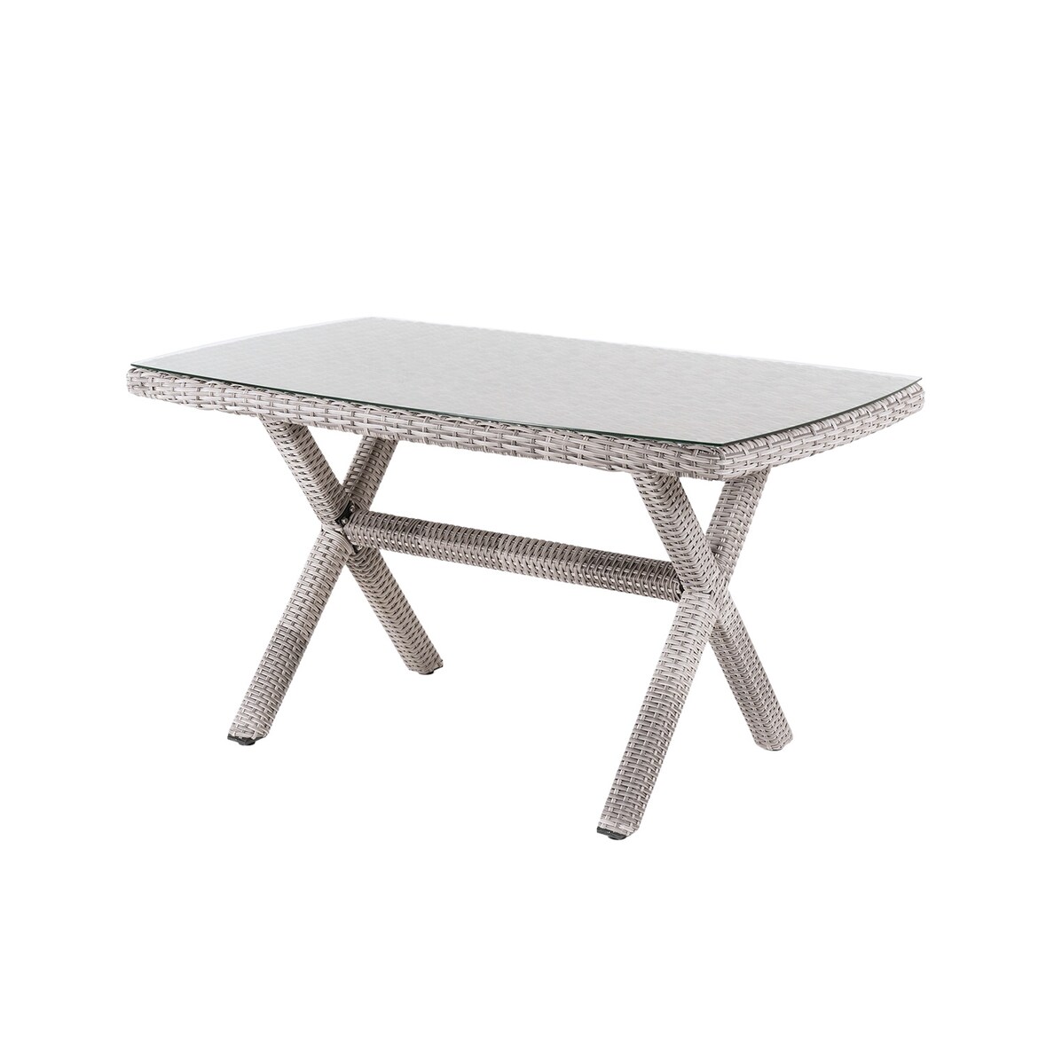 Mesa de jardín rectangular, Tamaño: 140x80x72 cm, Aluminio y ratán sintético plano color gris, Cristal templado de 5 mm