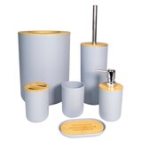 thumbnail of Badezimmer Zubehör Set aus Bambus Kunststoff in Grau - 6 teiliges Set Zahnputzbecher Seifenschale Seifenspender Toilettenbürste Halterung Mülleimer
