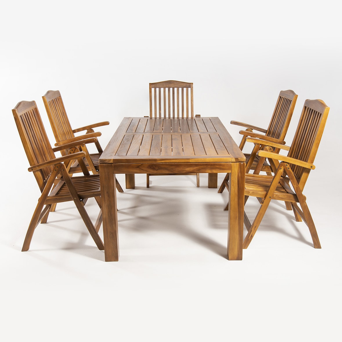Conjunto muebles de madera teca, Mesa de 180 cm de largo y 6 sillones reclinables, Madera teca grado A, Tratamiento al agua aplicado