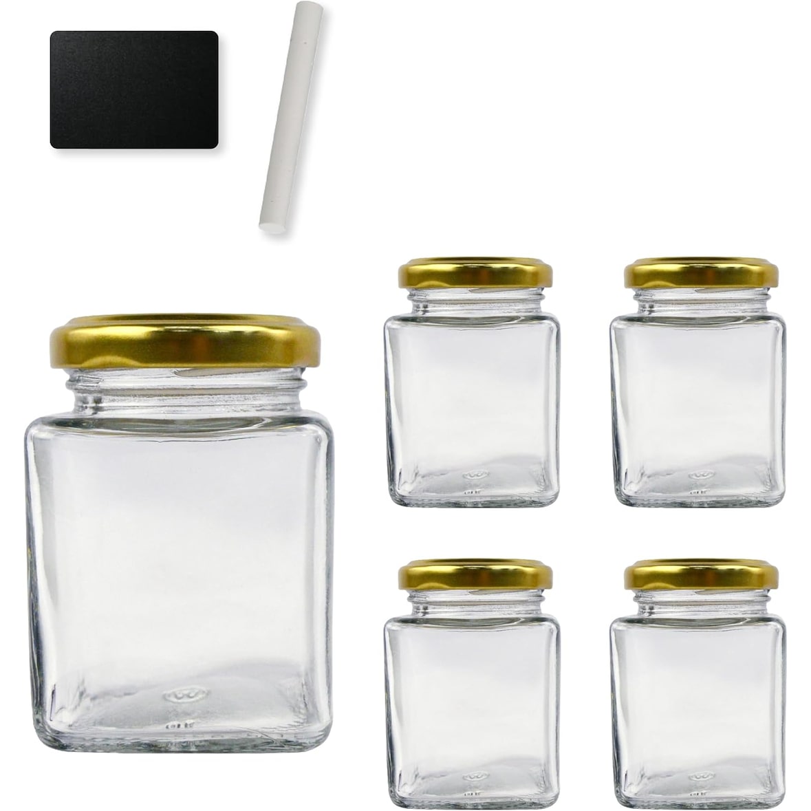 5 vasetti quadrati in vetro per spezie da 100 ml con coperchio + 5 lavagnette + gesso - Barattoli per organizzare la cucina