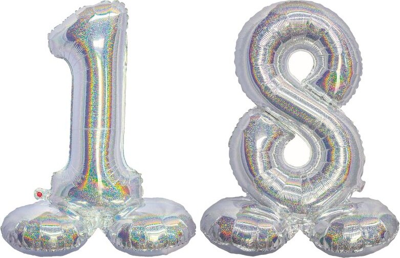 Stehender XL Folienballon Zahl 18 silber holografisch 72 cm 18. Geburtstag