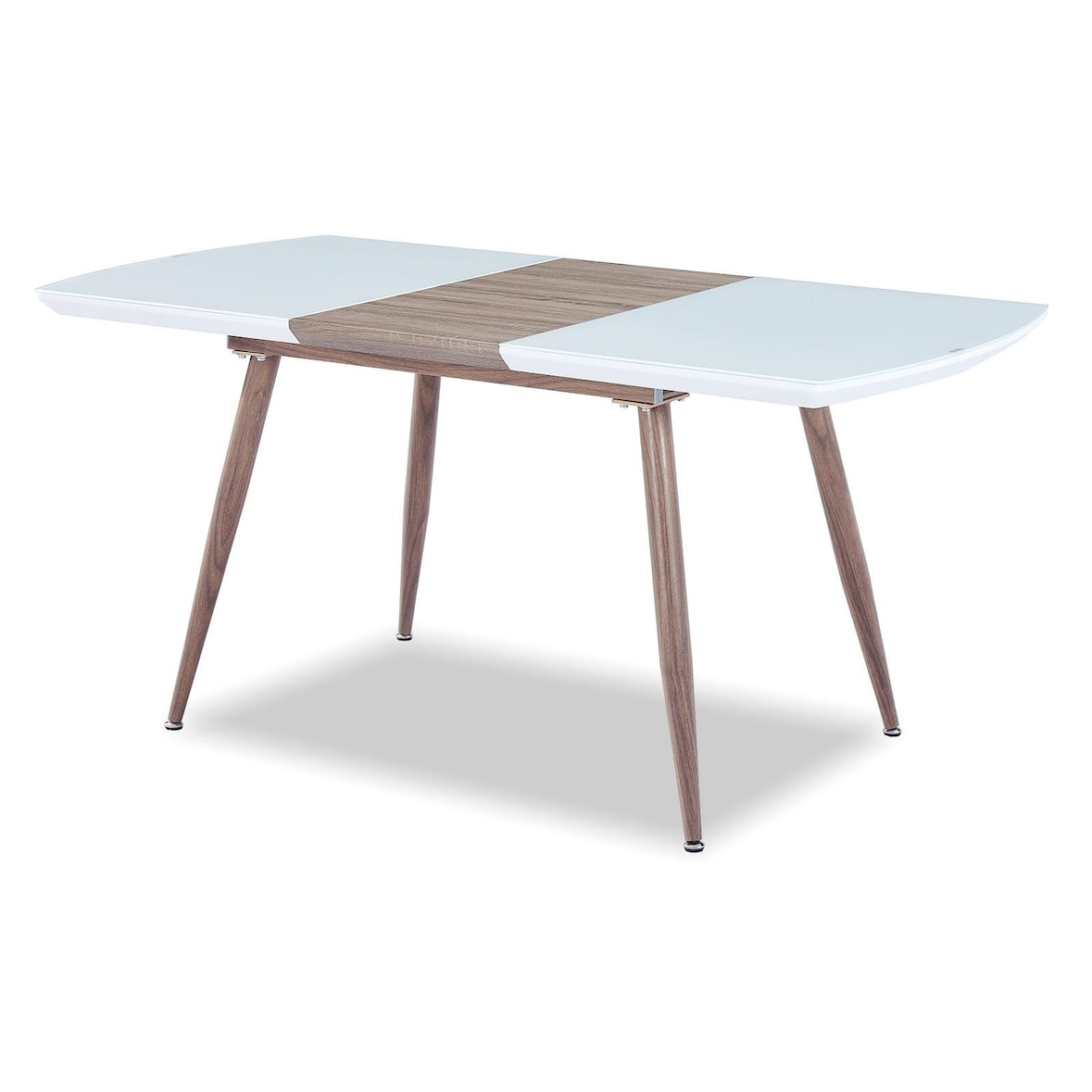 MF - Mesa de Jantar Extensível SOHAIL - Metal e Madeira Sintética, Tampo em MDF Lacado Brilhante e Vidro Branco, 140 ~ 180 x 80 cm