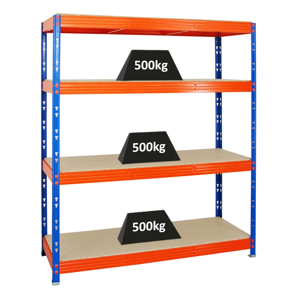 PROREGAL Étagère charge lourde RHINO | HxLxP 180x160x60cm | 4 niveaux en aggloméré 16mm | 500kg par niveau | Bleu/Orange | Étagère de garage
