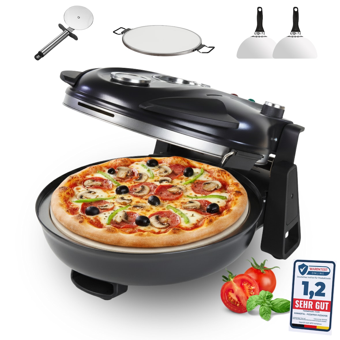 Sommertal PizzaProfi Pizzaofen, 32cm Pizzastein, schnelle 3-Minuten Pizza, 5-teiliges Set mit 2x Pizzaschieber, Pizzaschneider