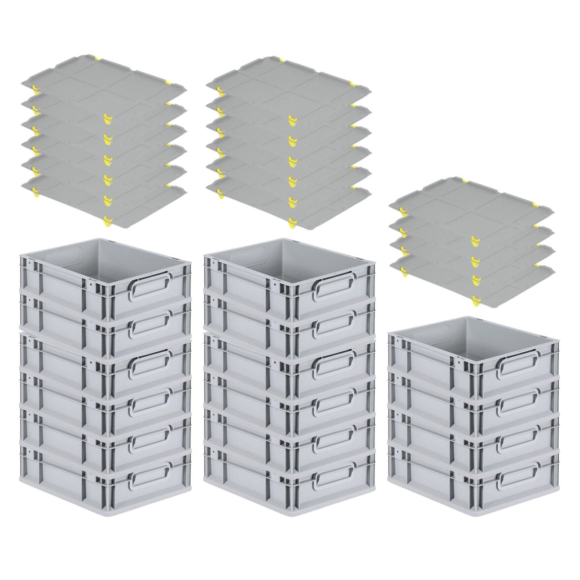 PROREGAL SuperSparSet 16x Eurobox NextGen Economy mit Auflagedeckel & 4x Verschlüsse Gelb, Griffe zu, HxBxT 12x30x40cm, 11L, Eurobehälter, Box