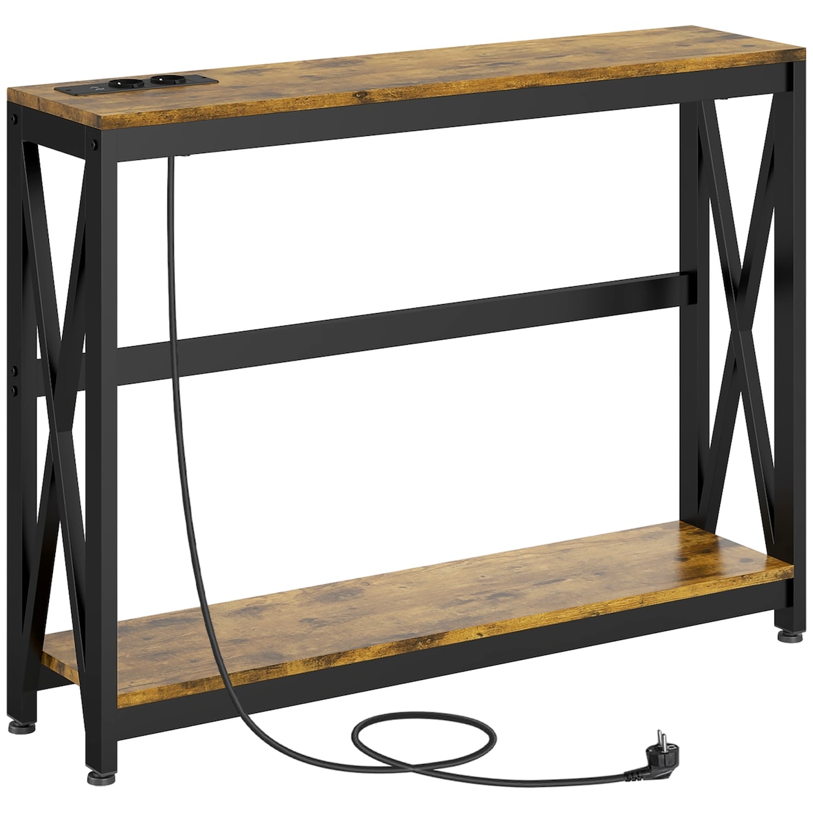 Mesa consola industrial mesa de entrada de 2 niveles con estación de carga 2 USB y marco de acero mueble de recibidor 100x24x75 cm marrón rústico
