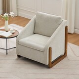 thumbnail of Sessel 73x73x73 Loungesessel mit Holzarmlehnen Rückenkissen Chenille Stoff Beige Modern Wohnzimmer Akzentstuhl Komfort