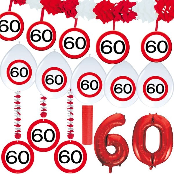 60. Geburtstag Verkehrsschild Party Deko Set rot weiß Mann Frau Partyset