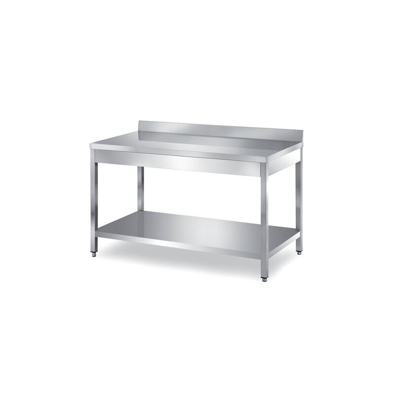 Tavolo inox con ripiano di fondo, con alzatina posteriore. Prof. 70 - 160x70x85H, con 4 ruote, AISI 430