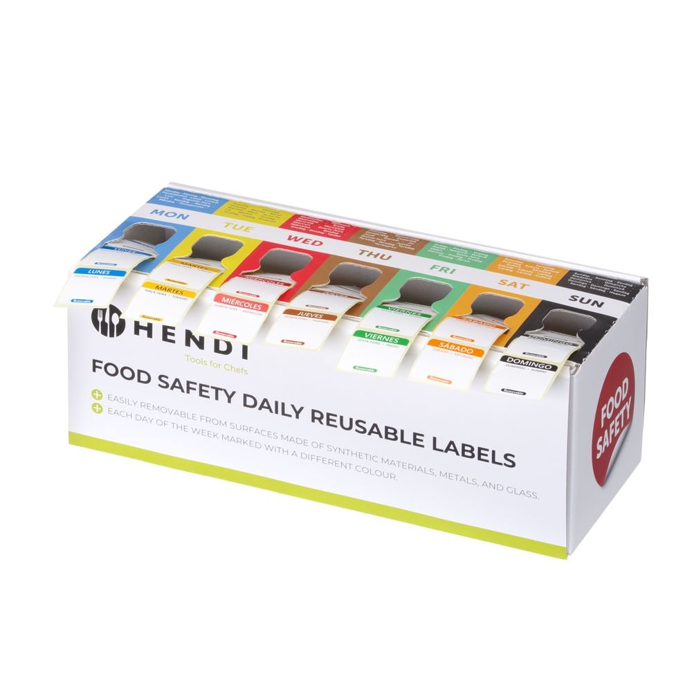 HENDI Jeu d'étiquettes de sécurité alimentaire, multi-usage, facile à retirer, avec distributeur, 240x80x(H)100mm