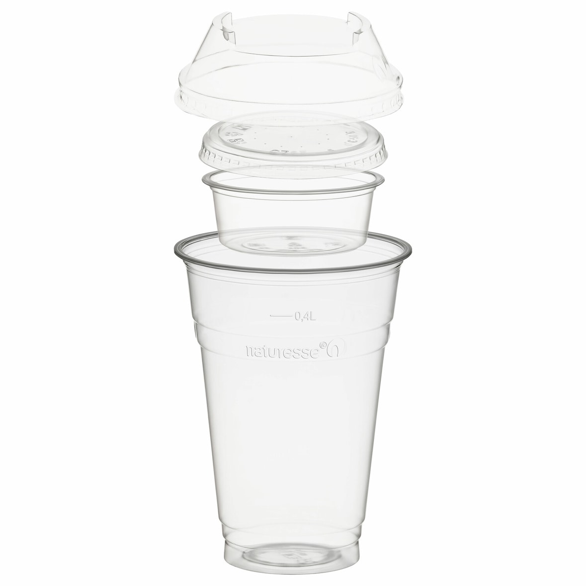 100x BIO Trinkbecher 400ml + Domdeckel+ 60ml Einsatzbecher stapelbar PLA