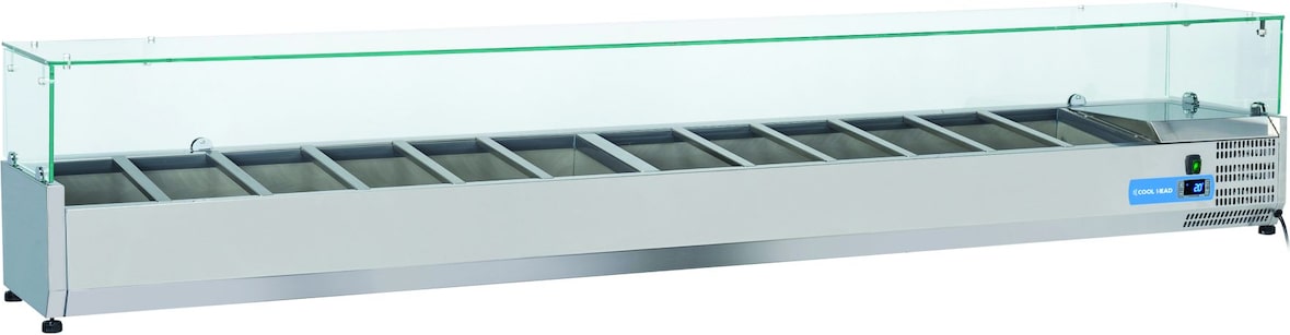 Edelstahl-Kühlvitrine für 12 GN1/3 Tabletts. Abmessungen cm 250x39,5x44h. Temperatur +2°C/+8°C. Kühlkopf VRX 25/38