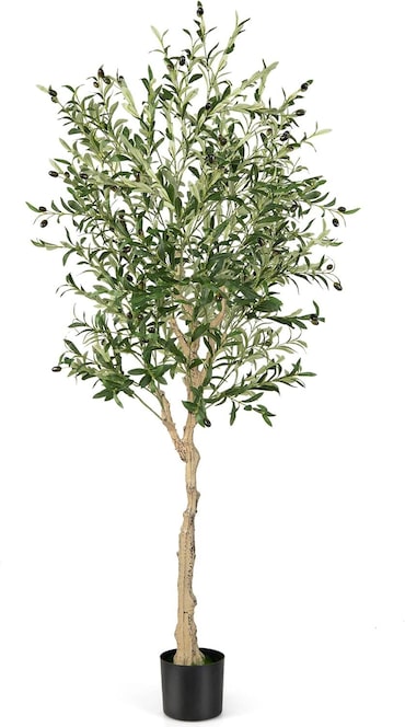 COSTWAY Olivo Artificial, Planta Artificial 180 cm, Planta de Interior con Maceta de Cemento, Hojas Naturales y 72 Frutos