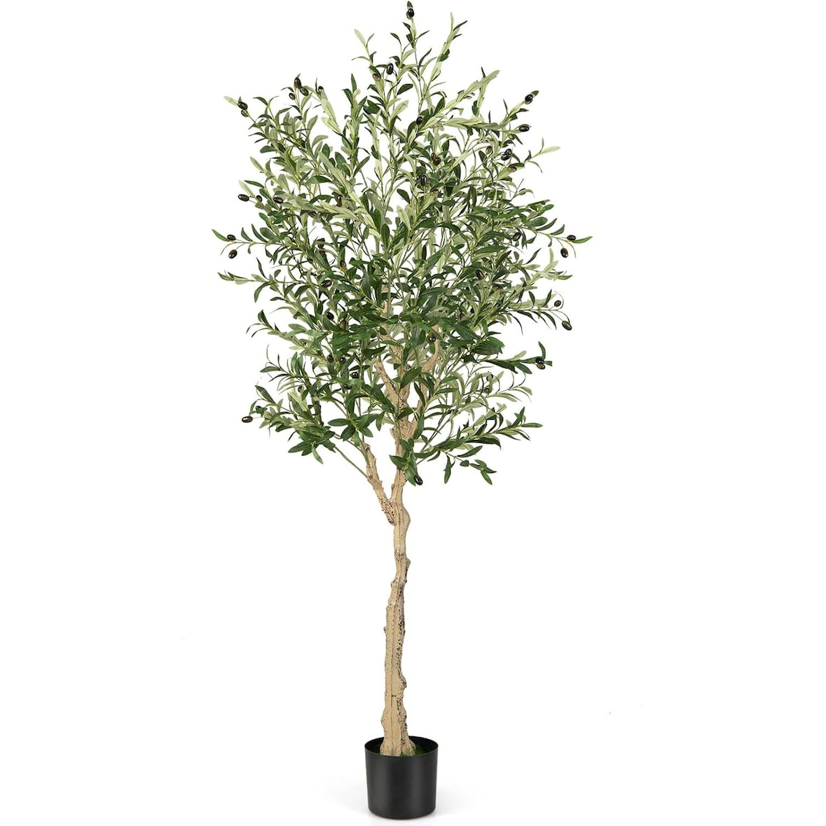 COSTWAY Olivo Artificial, Planta Artificial 180 cm, Planta de Interior con Maceta de Cemento, Hojas Naturales y 72 Frutos
