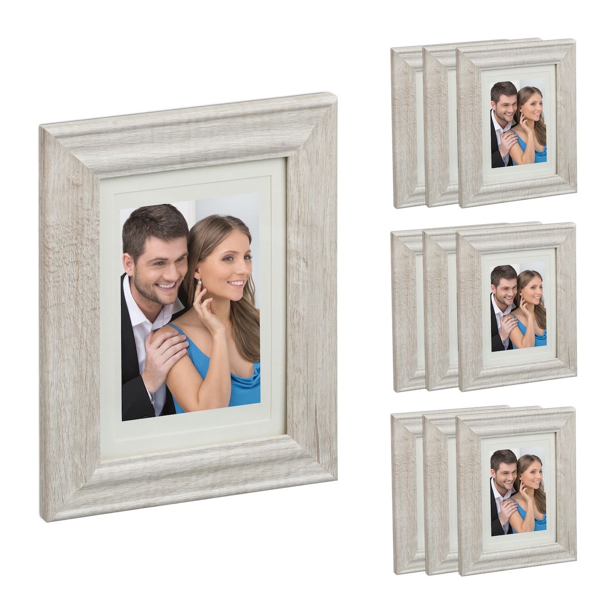 Relaxdays Bilderrahmen 10er Set, 13x18cm, Hoch- & Querformat, Rahmen zum Aufhängen, Hinstellen, Passepartout, natur
