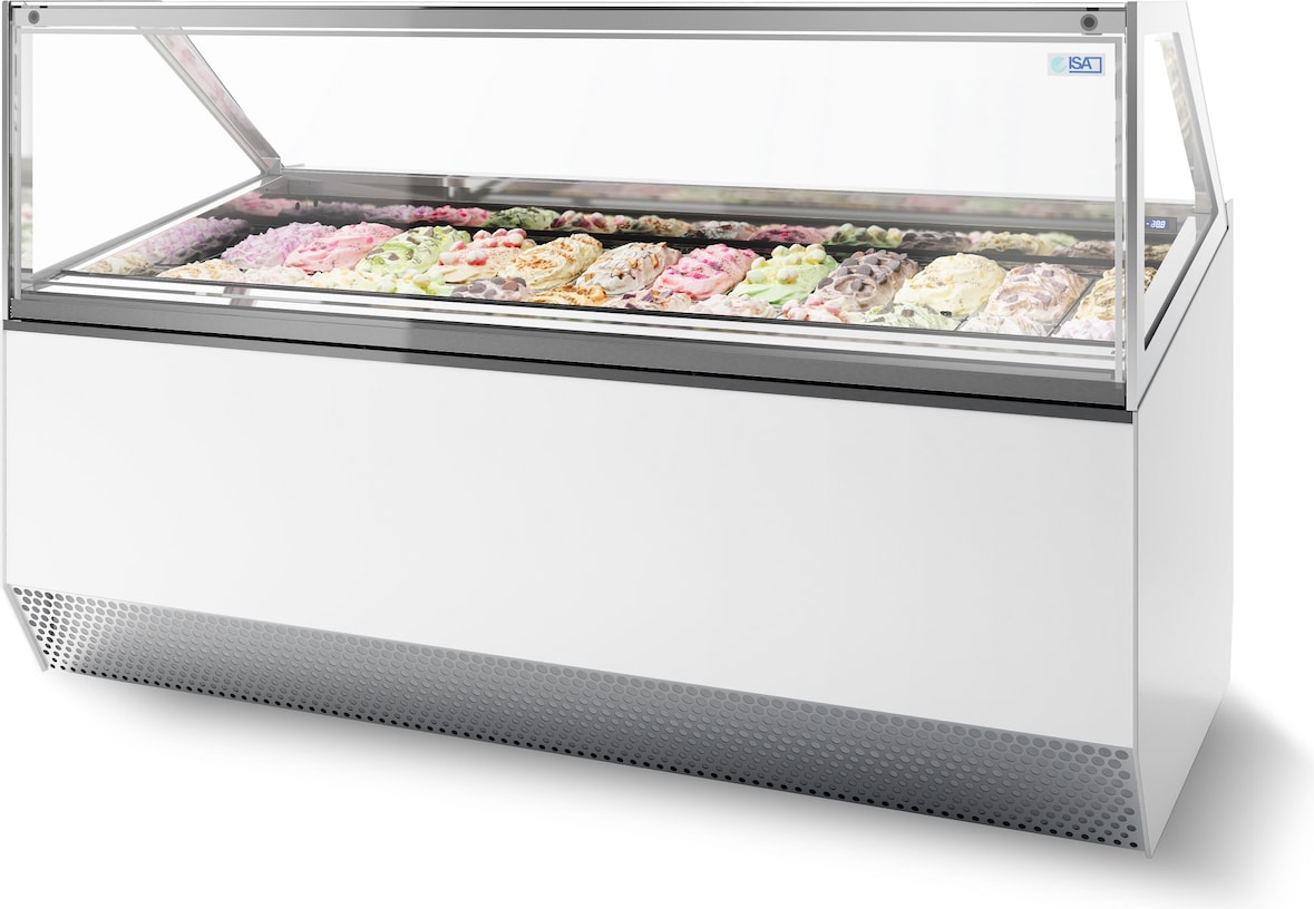 Speiseeisvitrine EKERO | Nachtabdeckung + LED | 16x 5 Liter, HxBxT 135,6x149,6x105,4cm | -14/-16°C | Weiß/Edelstahl | + CHEFGASTRO Geschirrtuch