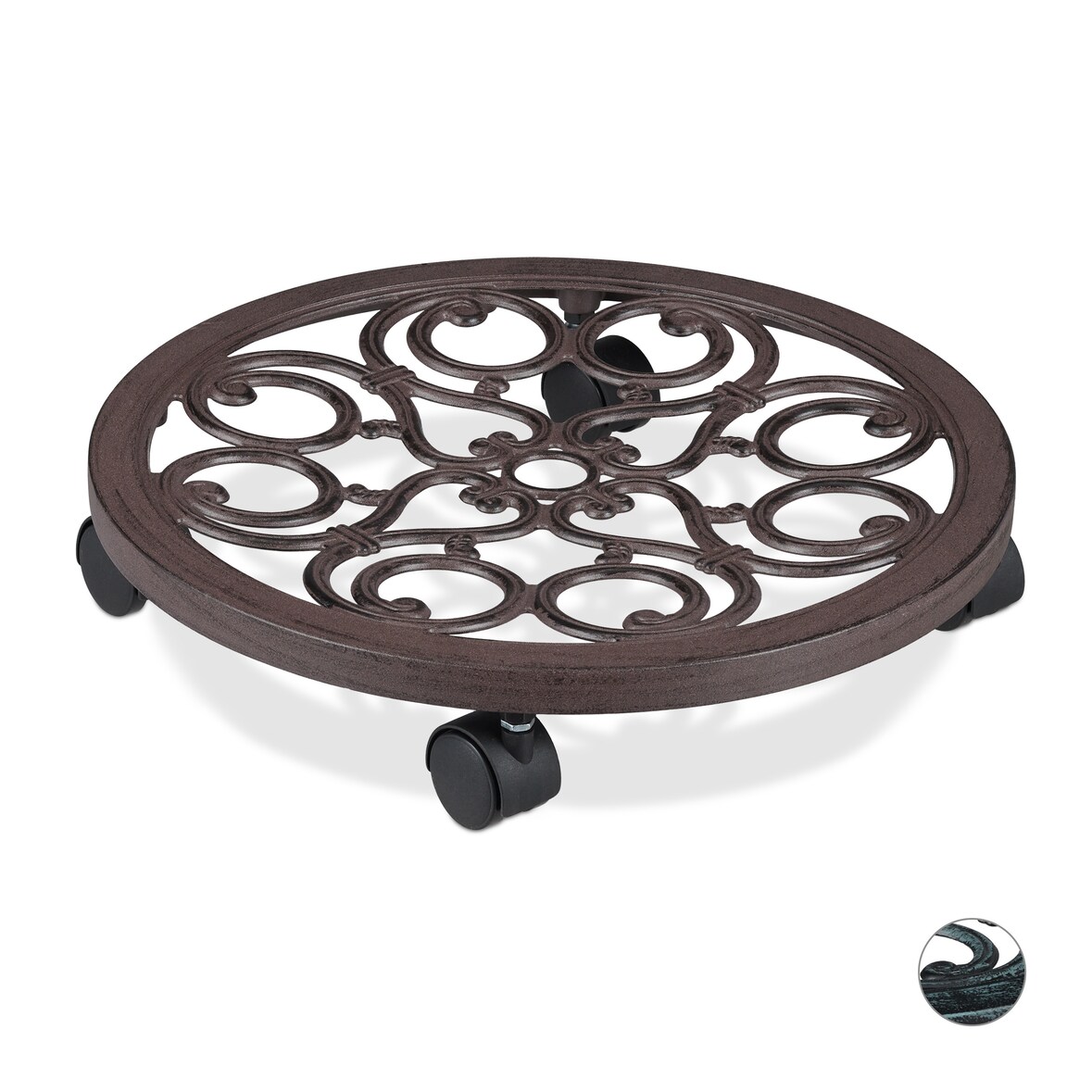 Relaxdays Pflanzenroller rund, Metall, Gefäßroller für innen & außen, antik, Ø 38 cm, Rolluntersetzer Blumentopf, braun