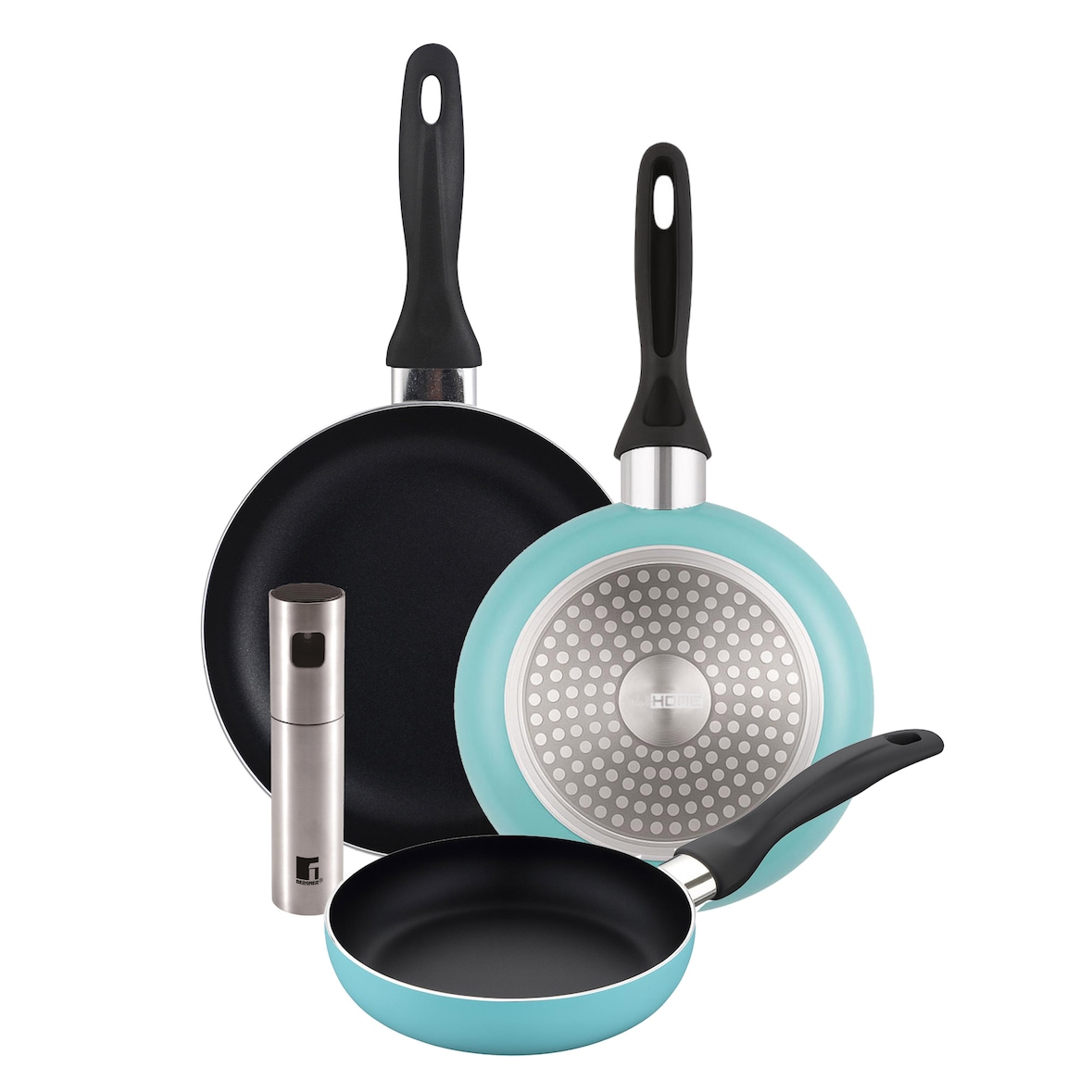 BERGNER - Set de 3 Sartenes Ø16/20/24cm de Aluminio prensado en Azul mate con Pulverizador de Aceite/Vinagre Ø4x17,5cm en Acero Inoxidable