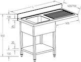 thumbnail of Lavello inox 1 vasca con 1 gocciolatoio a destra a sbalzo per inserimento lavastoviglie, su gambe con ripiano, dim.mm 1200x700x950h - mod.GDS127L1DW