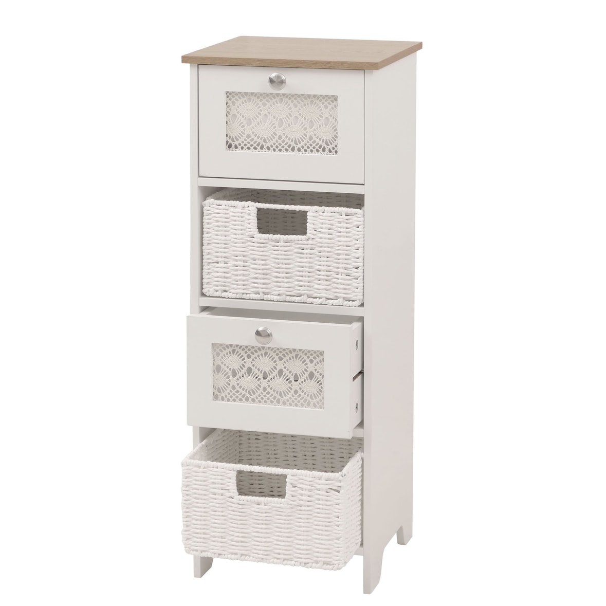 Cómoda HWC-O75, cajonera, 4 cajones cesta cajones madera melamina 82x30x30cm ~ blanco-natural