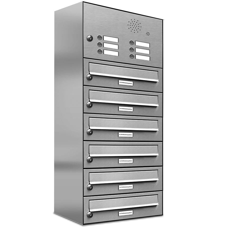 AL Briefkastensysteme 6 Fächer Premium Edelstahl Wand Briefkasten Anlage mit Klingeln, Post A4, modern, robust, wetterfest, Artikelnummer: 132T6EA1KS