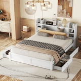 thumbnail of Flachbett 180x200 cm mit Vier Schubladen, Stauraum und Nachttisch – Weiß, Robustes Design aus Kiefernholz und MDF