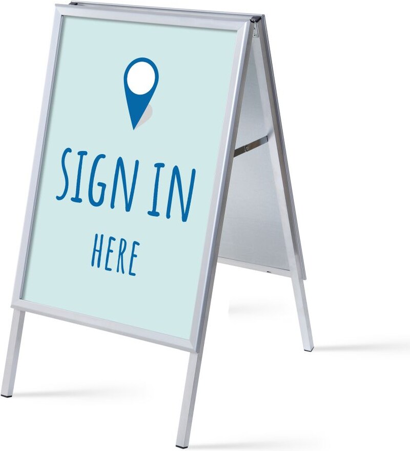 Ein A-Rahmen-Schild mit einem blauen Standort-Symbol.
